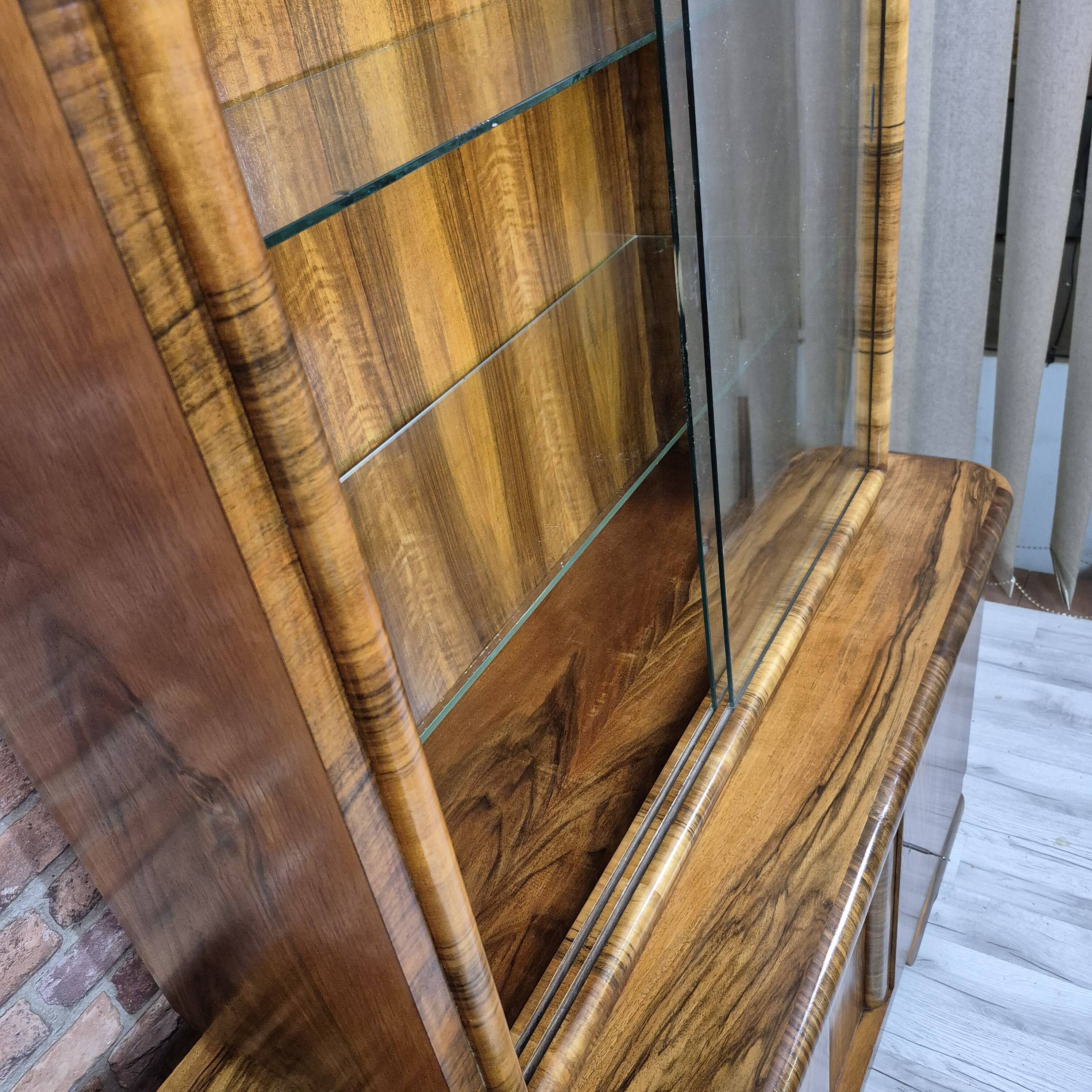 Streamlined Art Deco Walnut Display Cabinet / Sideboard – 1930s / 1940s