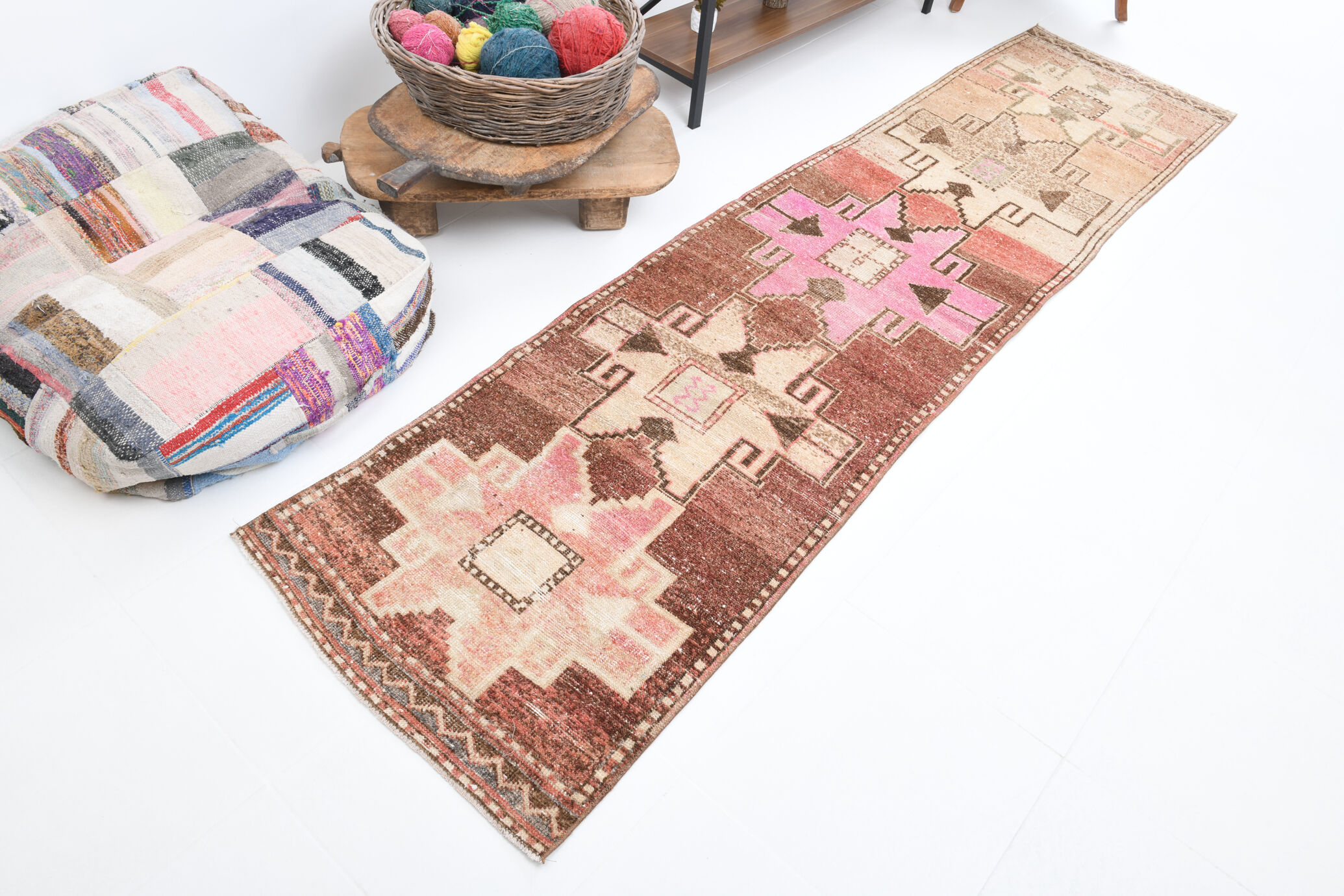 3x10 neutral geometric vintage runner rug, 296x73cm