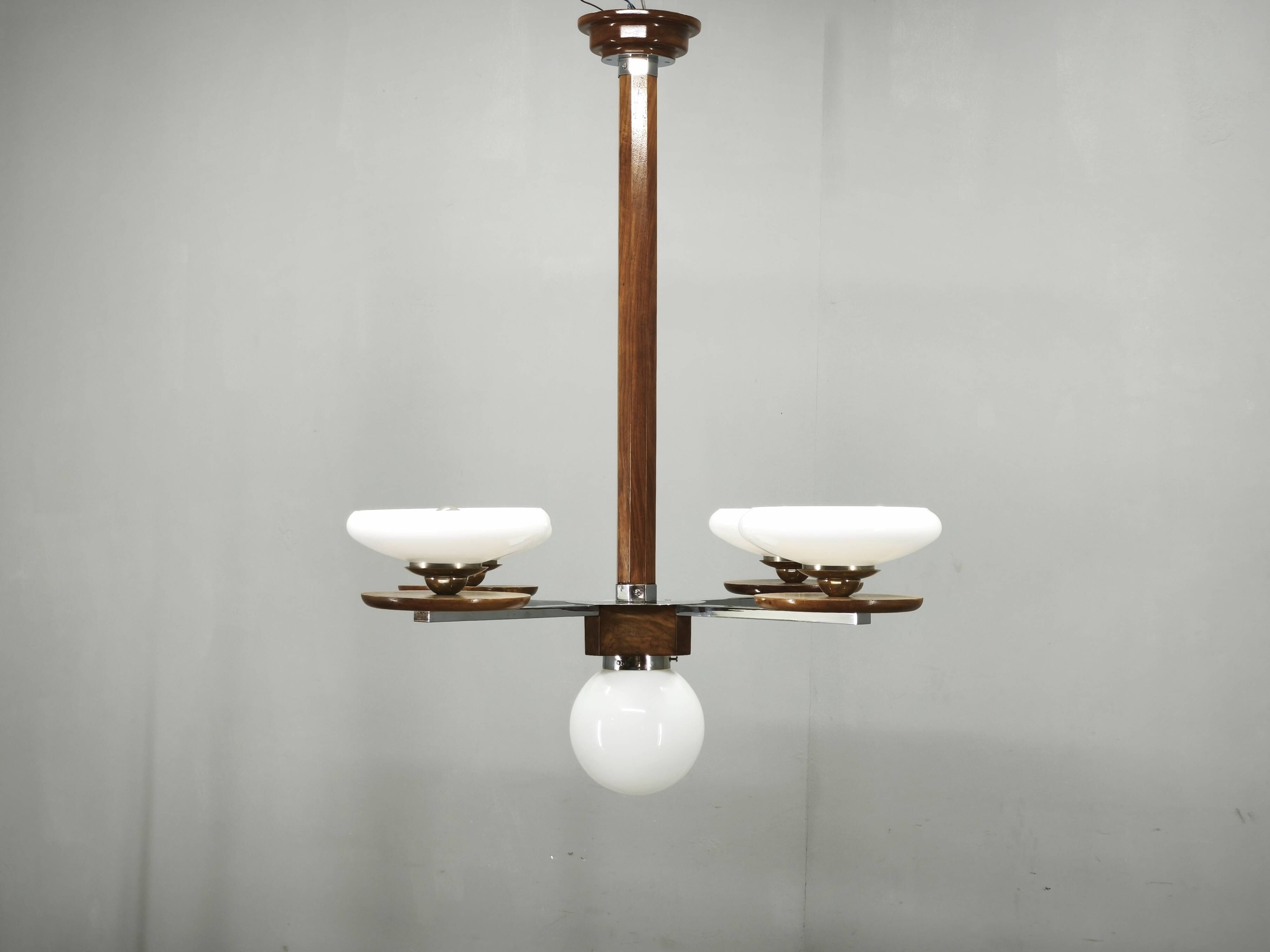 Czech Art Deco Walnut, Chrome and Opaline Glass Chandelier, 1930s
