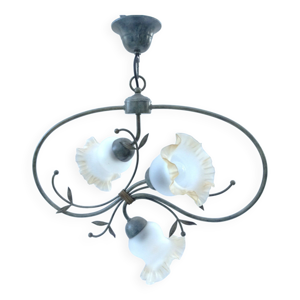 Lustre 3 branches en métal, abat jour en verre forme tulipe