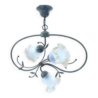 3-branched metal chandelier, tulip-shaped glass lampshade