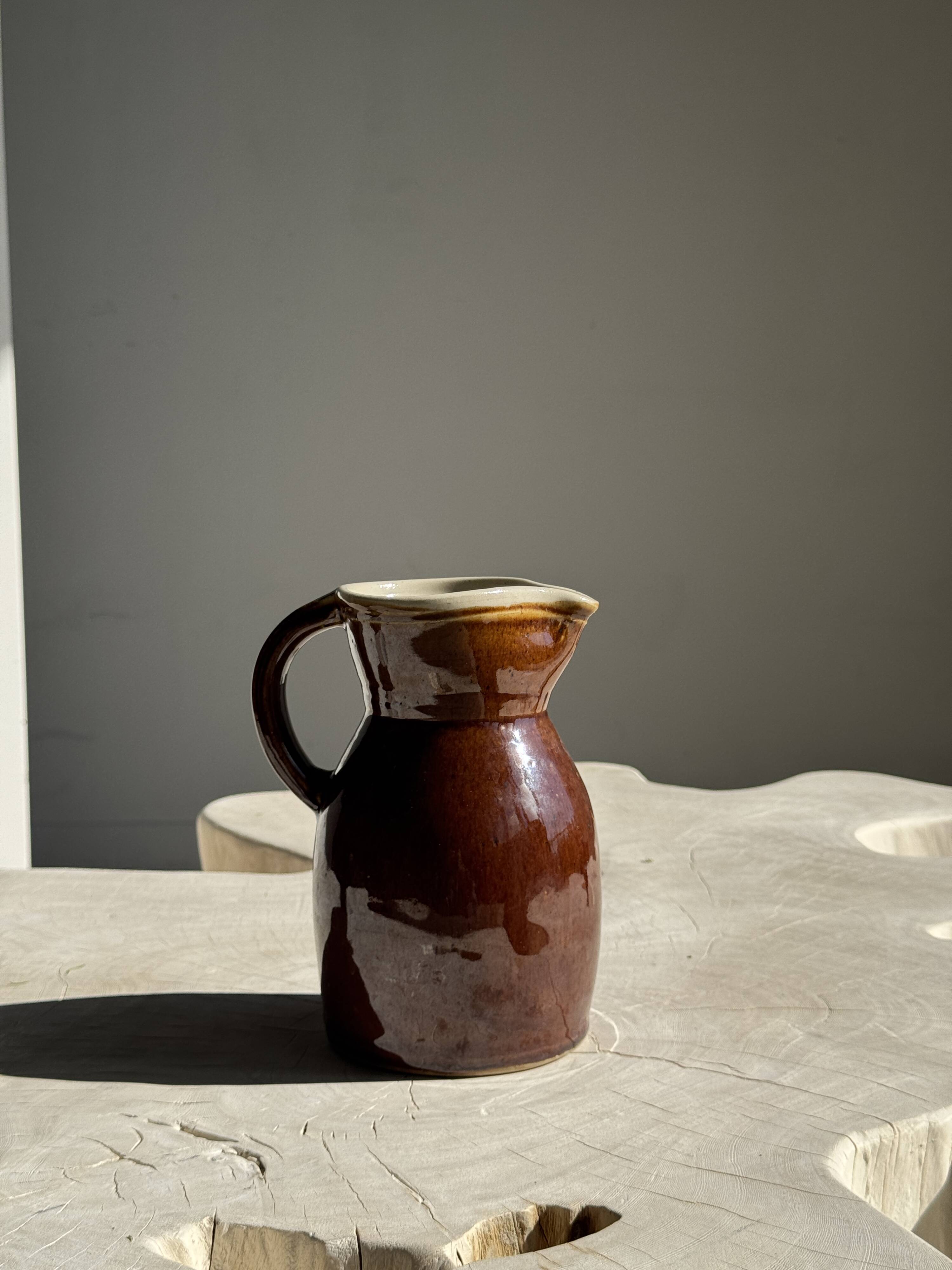 Large brown glazed stoneware jug Grès du Berry Made in France H19
