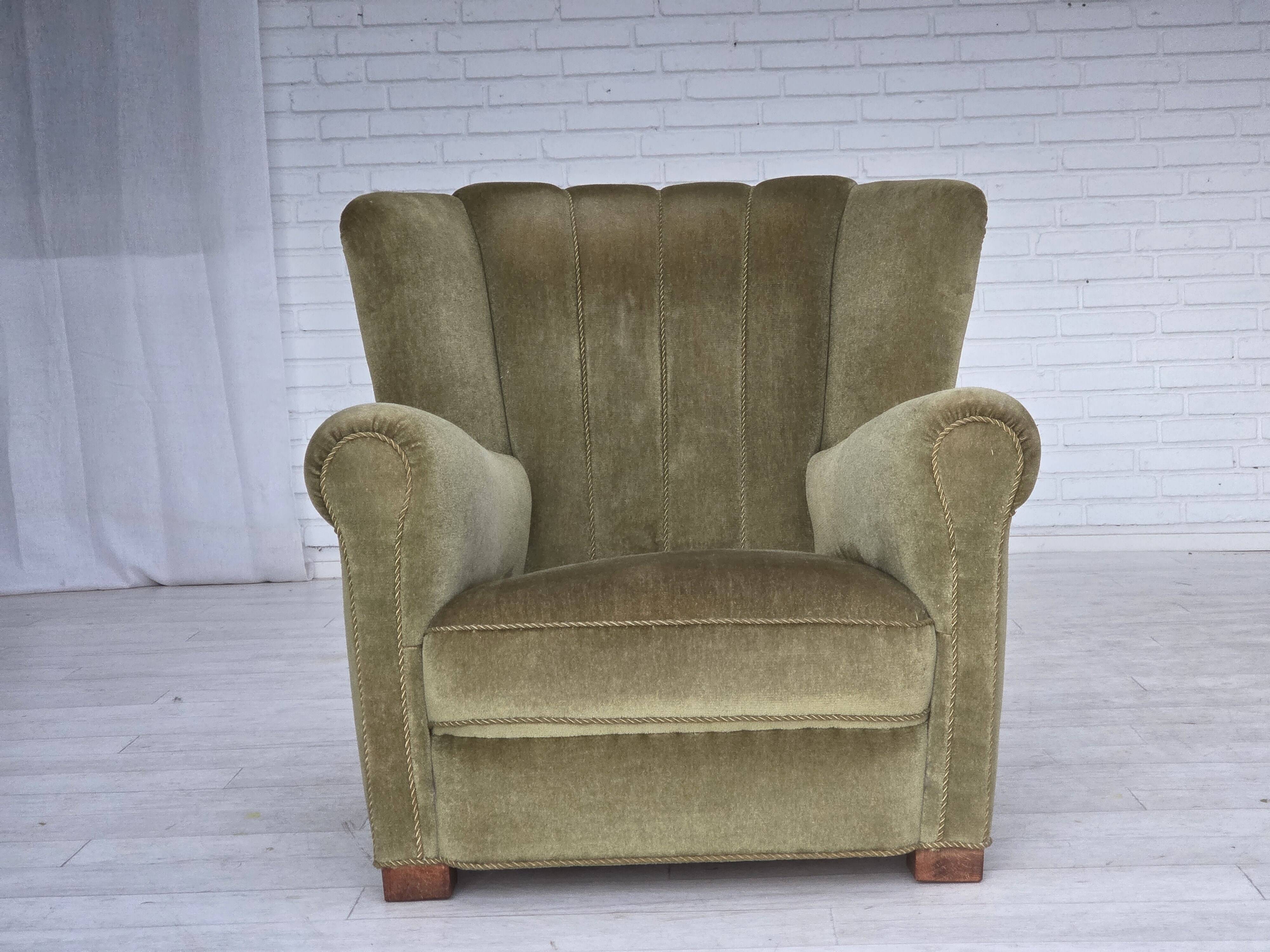 1960s, Danish relax armchair, original green furniture velour, beech wood.