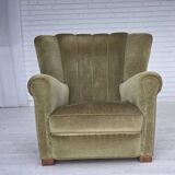 1960s, Danish relax armchair, original green furniture velour, beech wood.