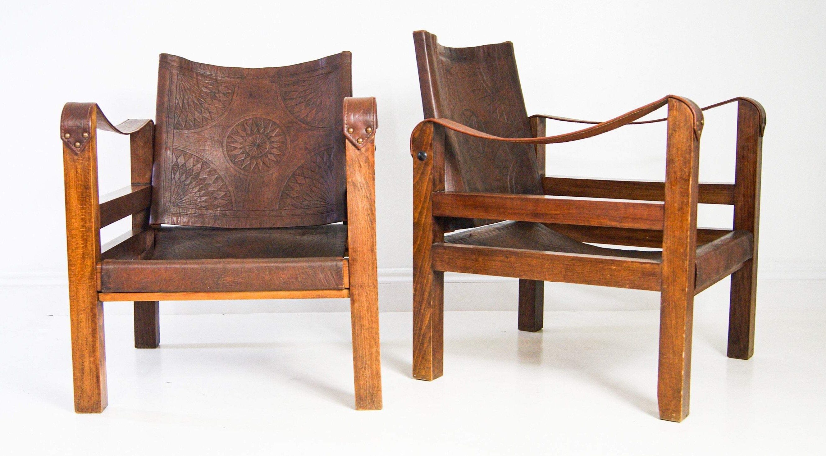 French Leather Safari Armchairs Mid-Century