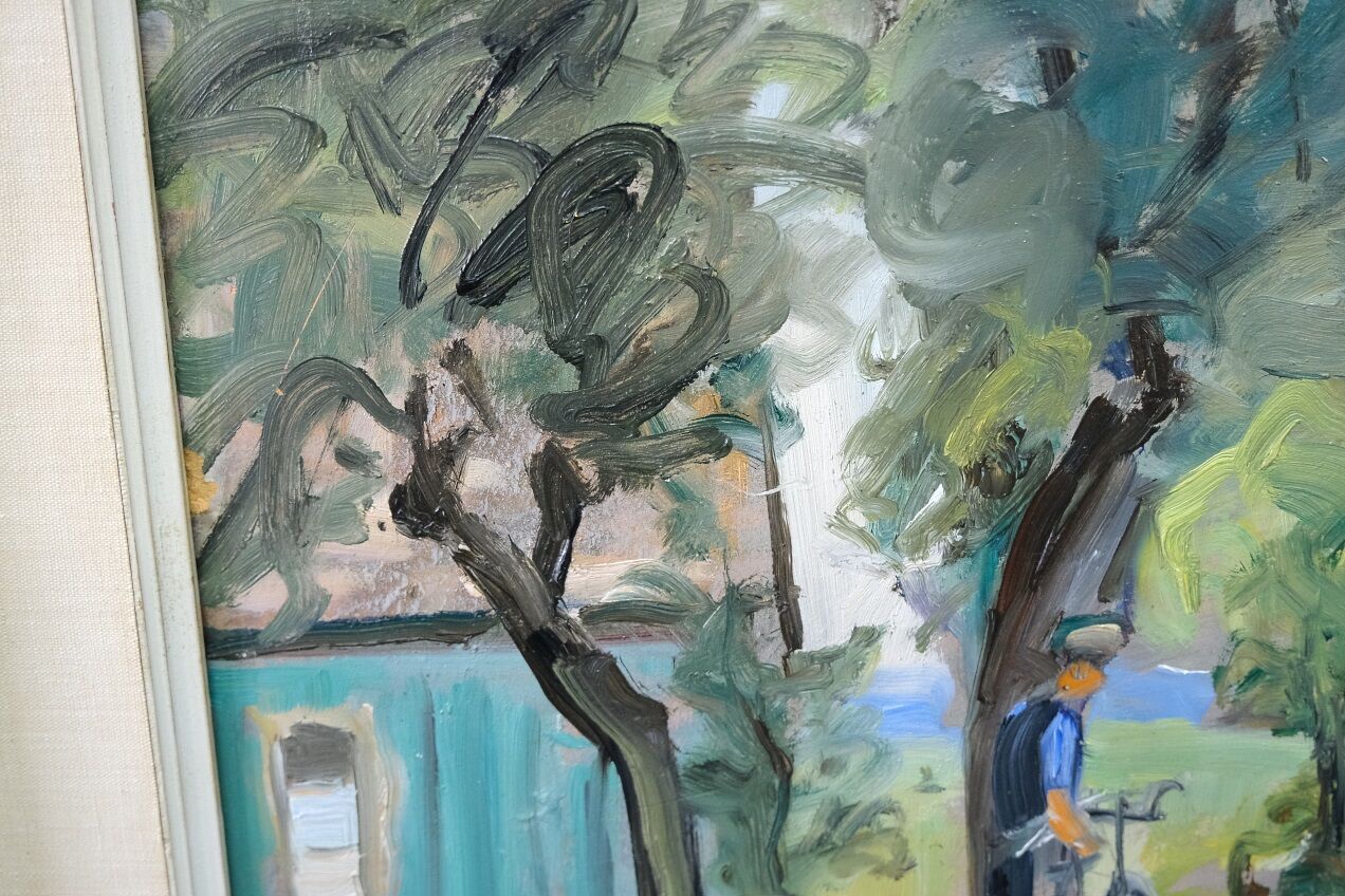 Carin Tham (1888-1967), Scandinavian Modern Landscape, 1942, Oil on Panel, Framed