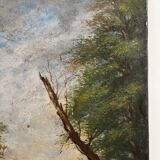 Old oil painting on canvas of a landscape by the pond.