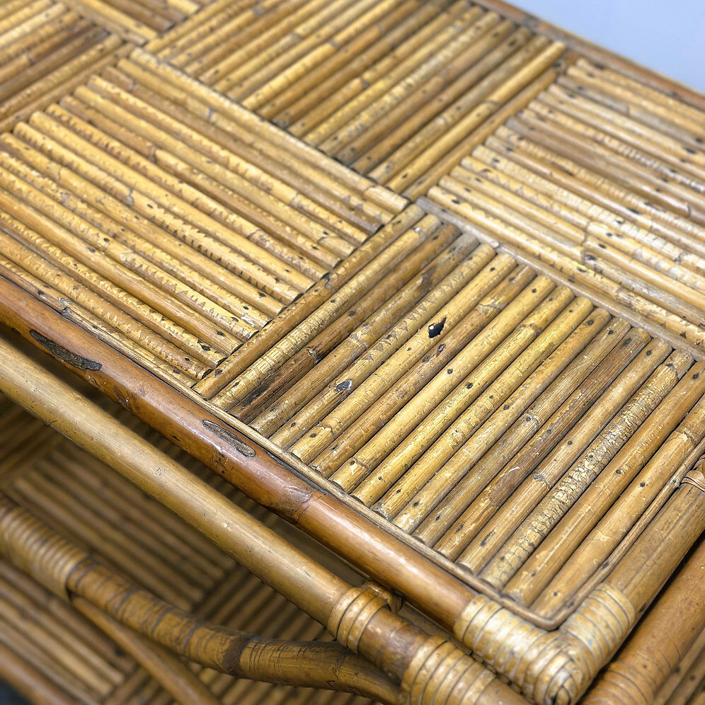 Rare large French Riviera rattan bar cart with bottle holder, 1960s