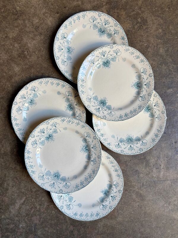 6 assiettes à dessert H.Boulenger à Choisy-le-Roi en terre de fer, service ''Cyclamen