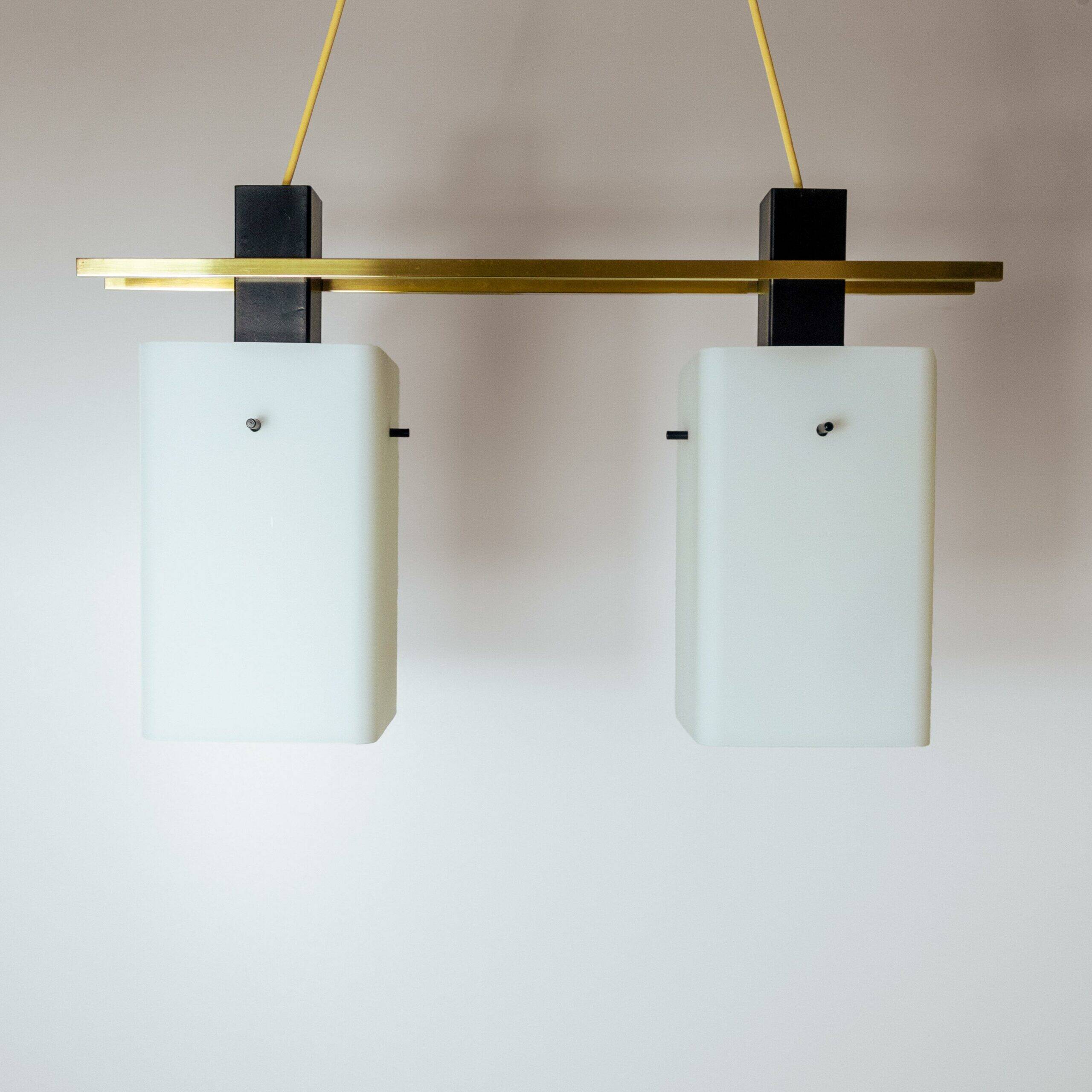 1960s Italian Stilnovo ceiling pendant with opaline glass shades and brass details