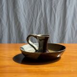 Small hand-held candle holder in two-tone brown and gray stoneware H6.5