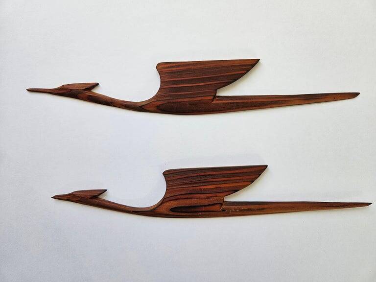 Pair of rare mid-century wooden wall sculptures representing birds and herons, Denmark, 1960s.