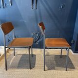 Pair of Gijs Van Der Sluis chairs in wood and taupe grey steel legs, Netherlands