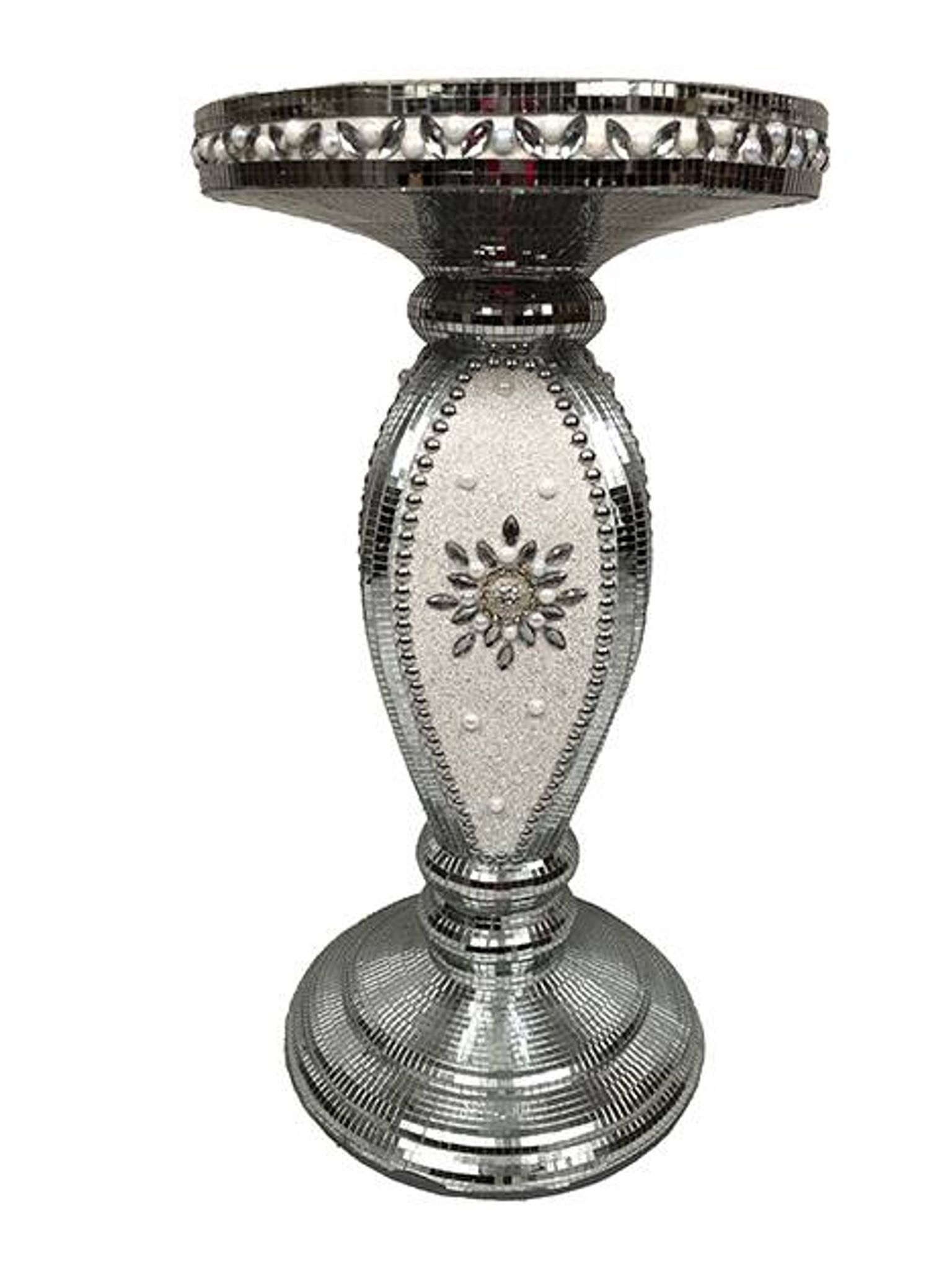 Small wooden pedestal table entirely covered with mirror mosaic