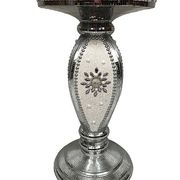 Small wooden pedestal table entirely covered with mirror mosaic