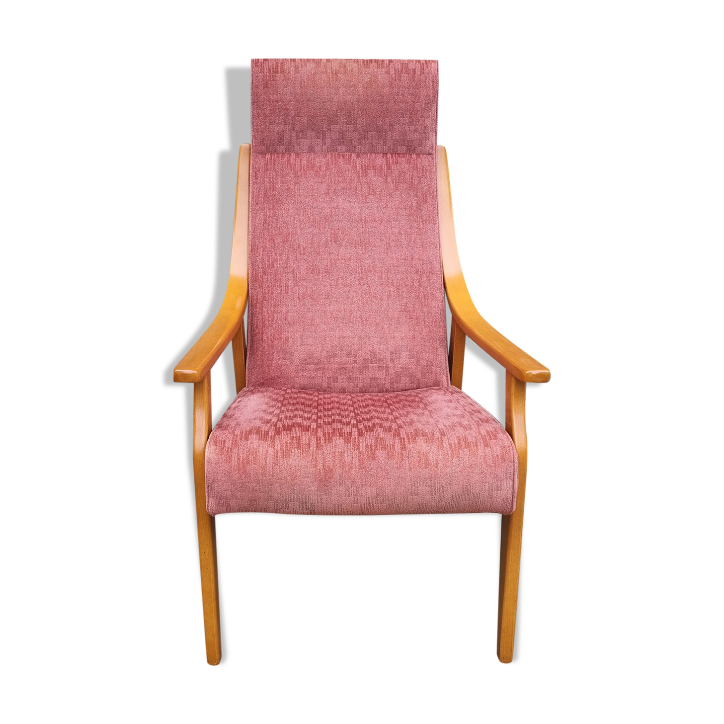 Armchair blond wood and pink velvet, vintage