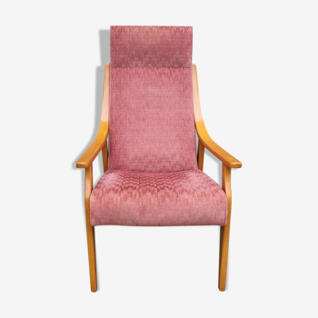 Armchair blond wood and pink velvet, vintage