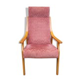 Fauteuil bois blond et velours rose vintage