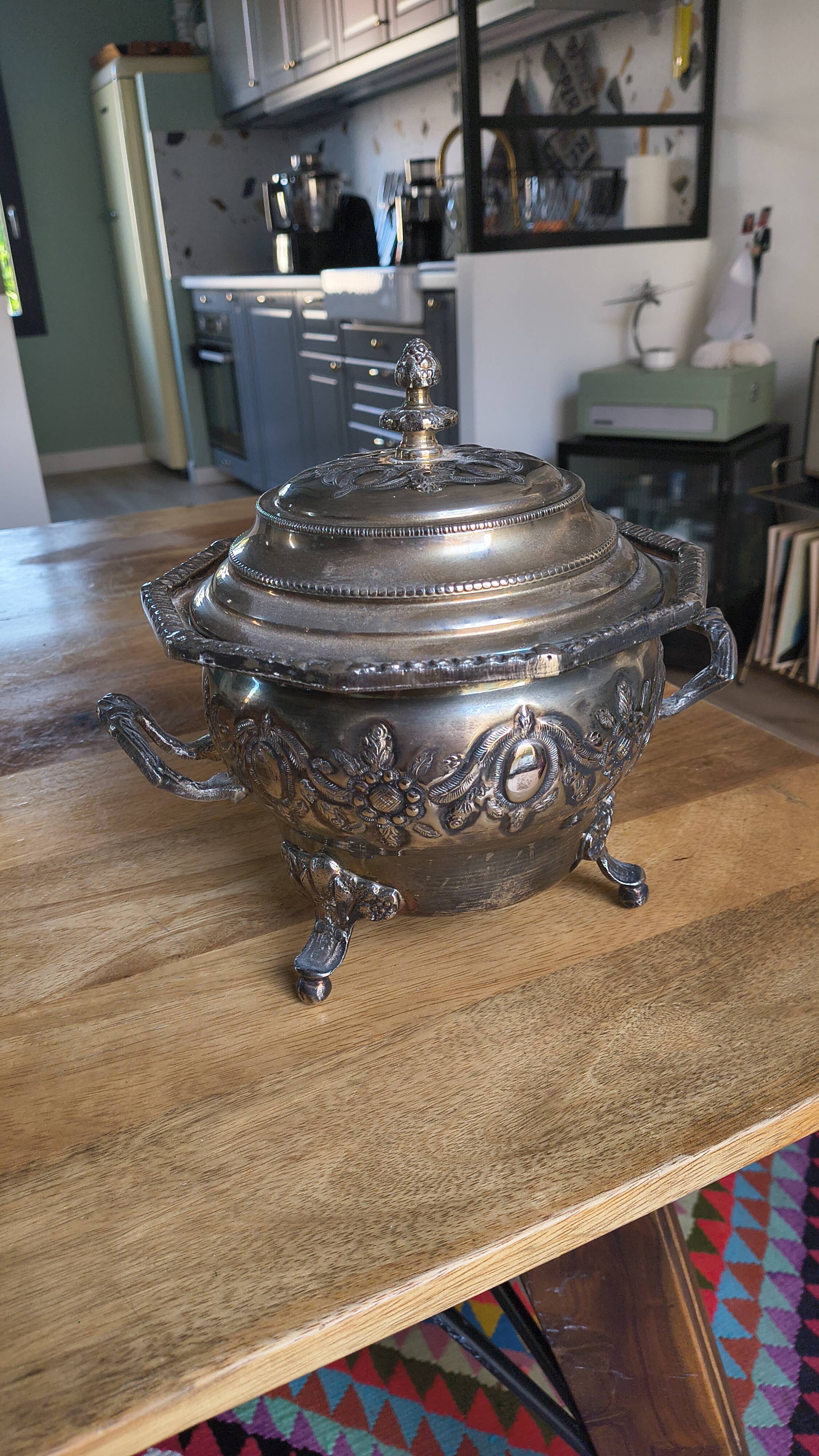 Antique Box / Chased Silver-Plated Sugar Bowl from Fes - Nesting Style (Vi