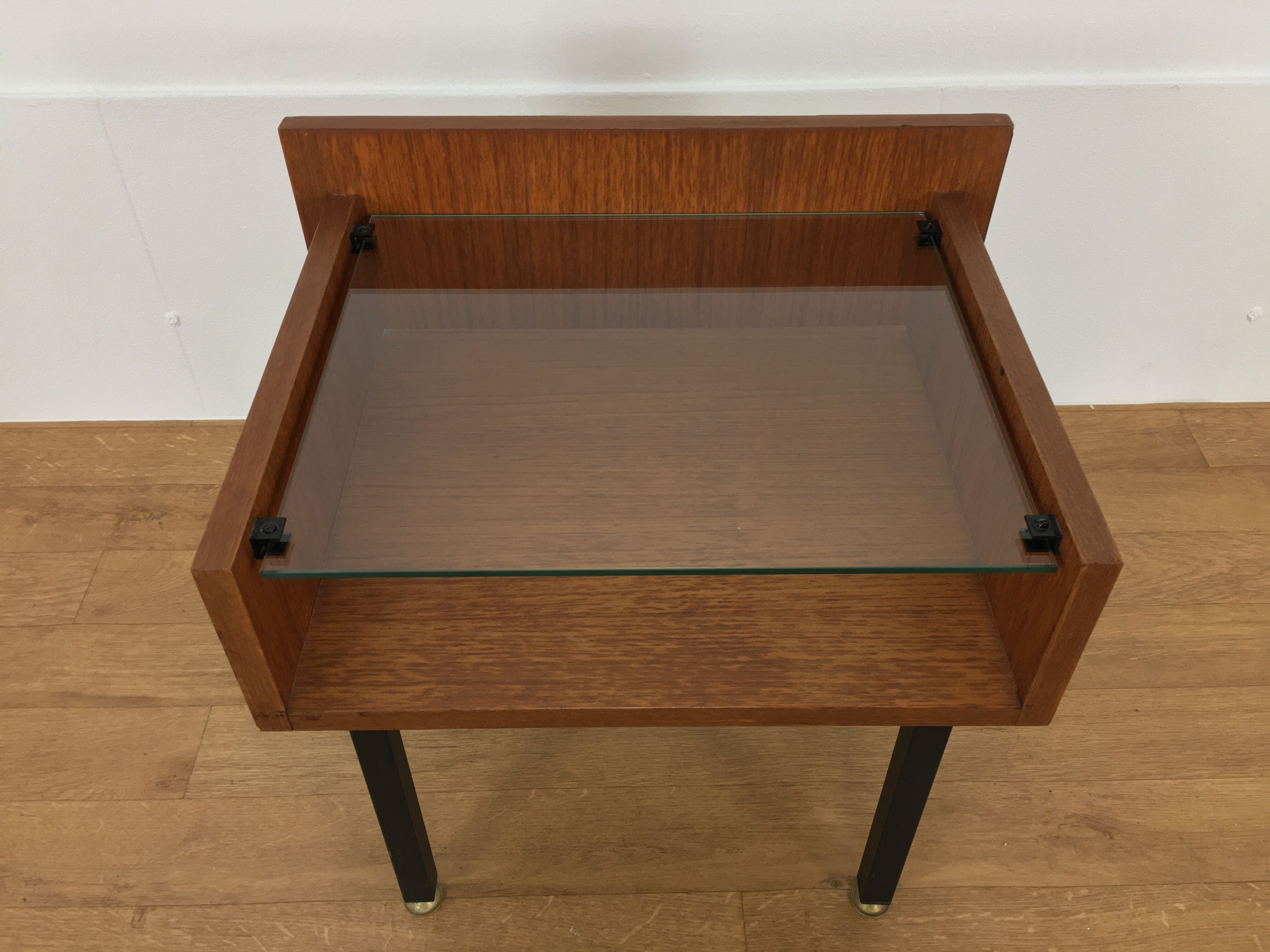 Modernist bedside table wood and glass 1950