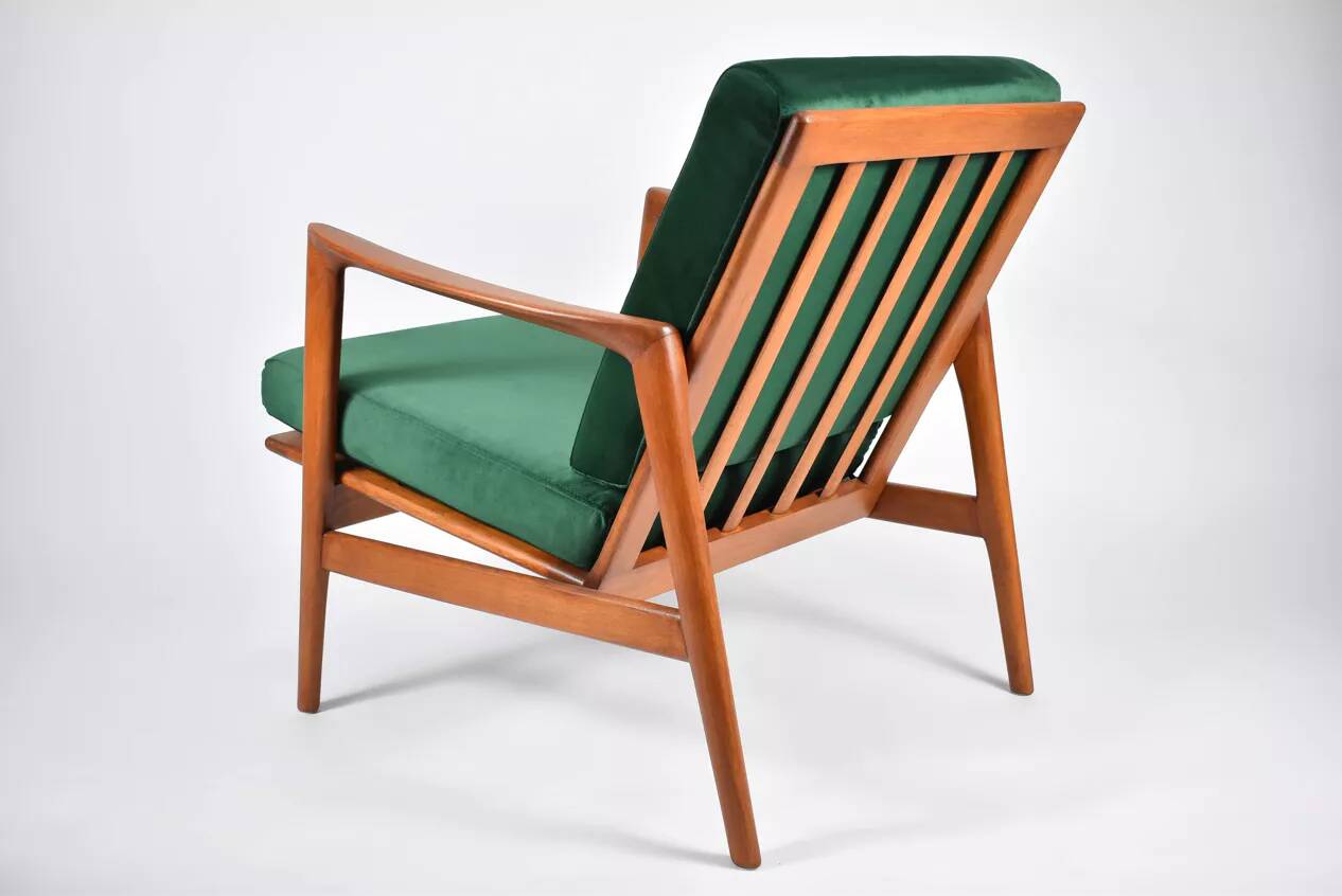 Fauteuil scandinave restauré d'origine, icône des années 60, velour