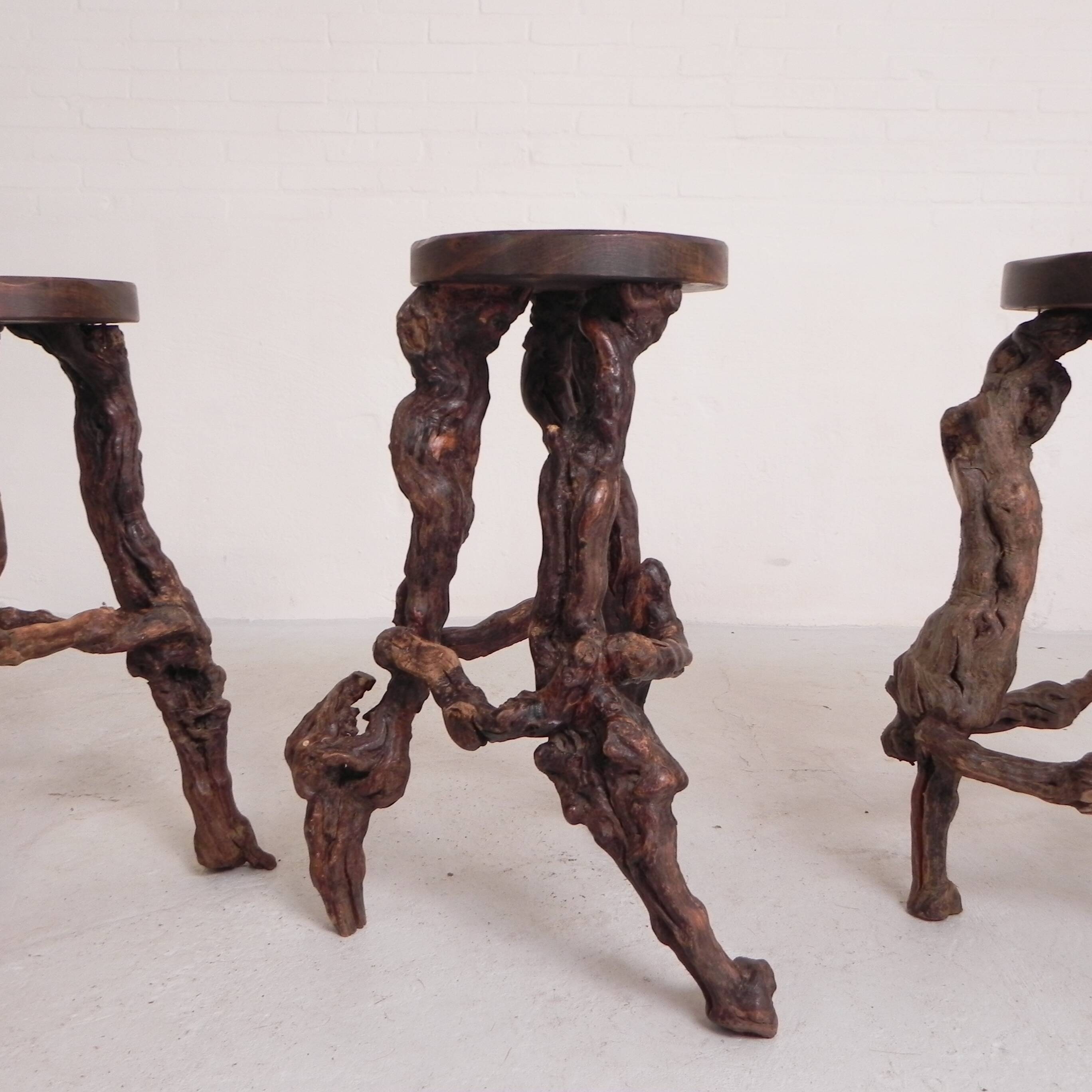 Set of 3 vintage wooden vine bar stools, 1960s