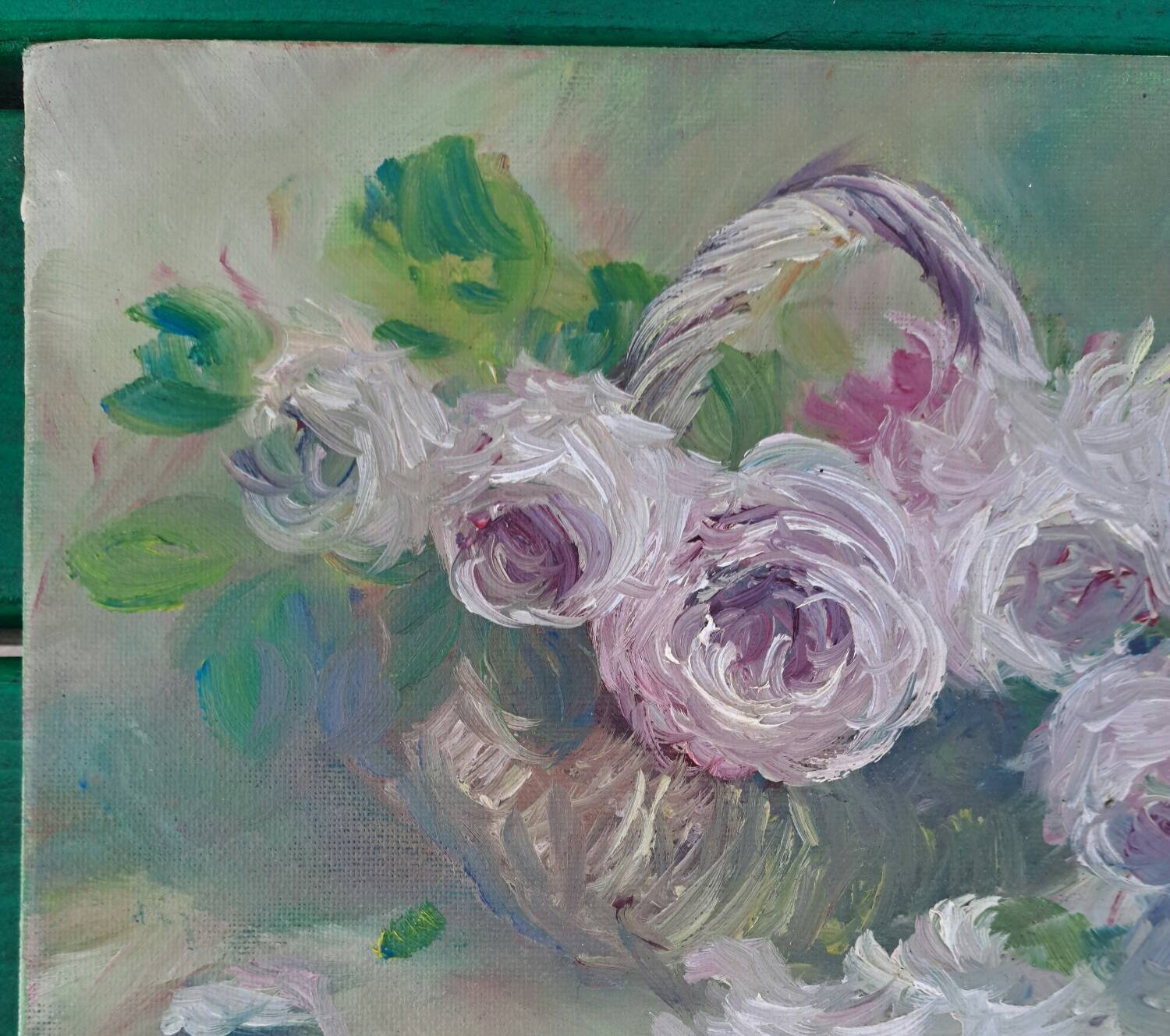 Oil on canvas basket and flowers signed