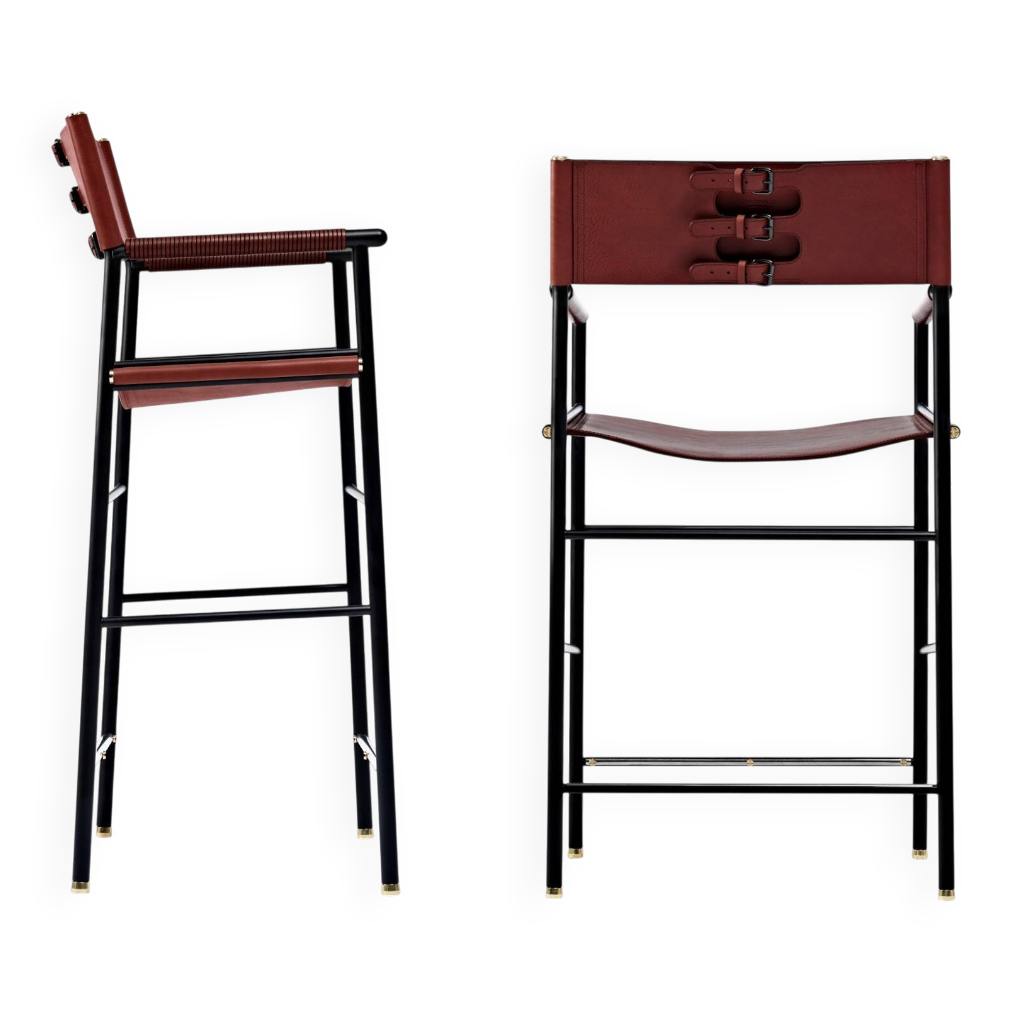Pair of bar stools with cognac leather backrest and metal frame.