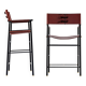 Pair of bar stools with cognac leather backrest and metal frame.