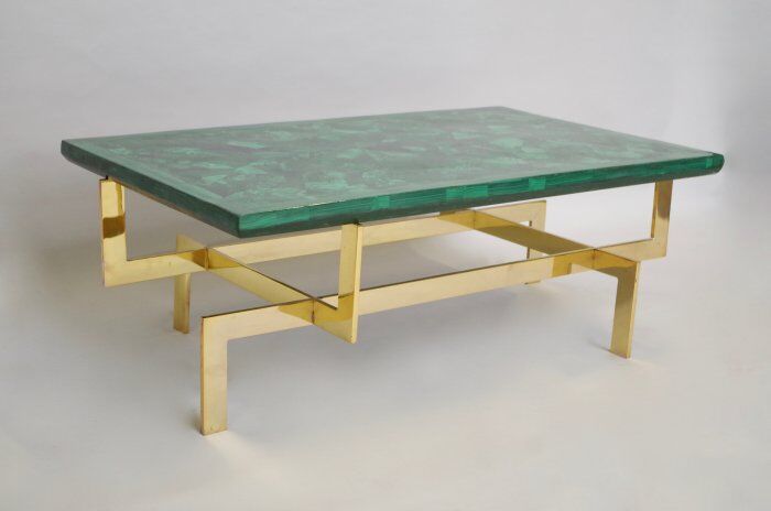 Coffee table veneer of malachite and brass gold circa 1970