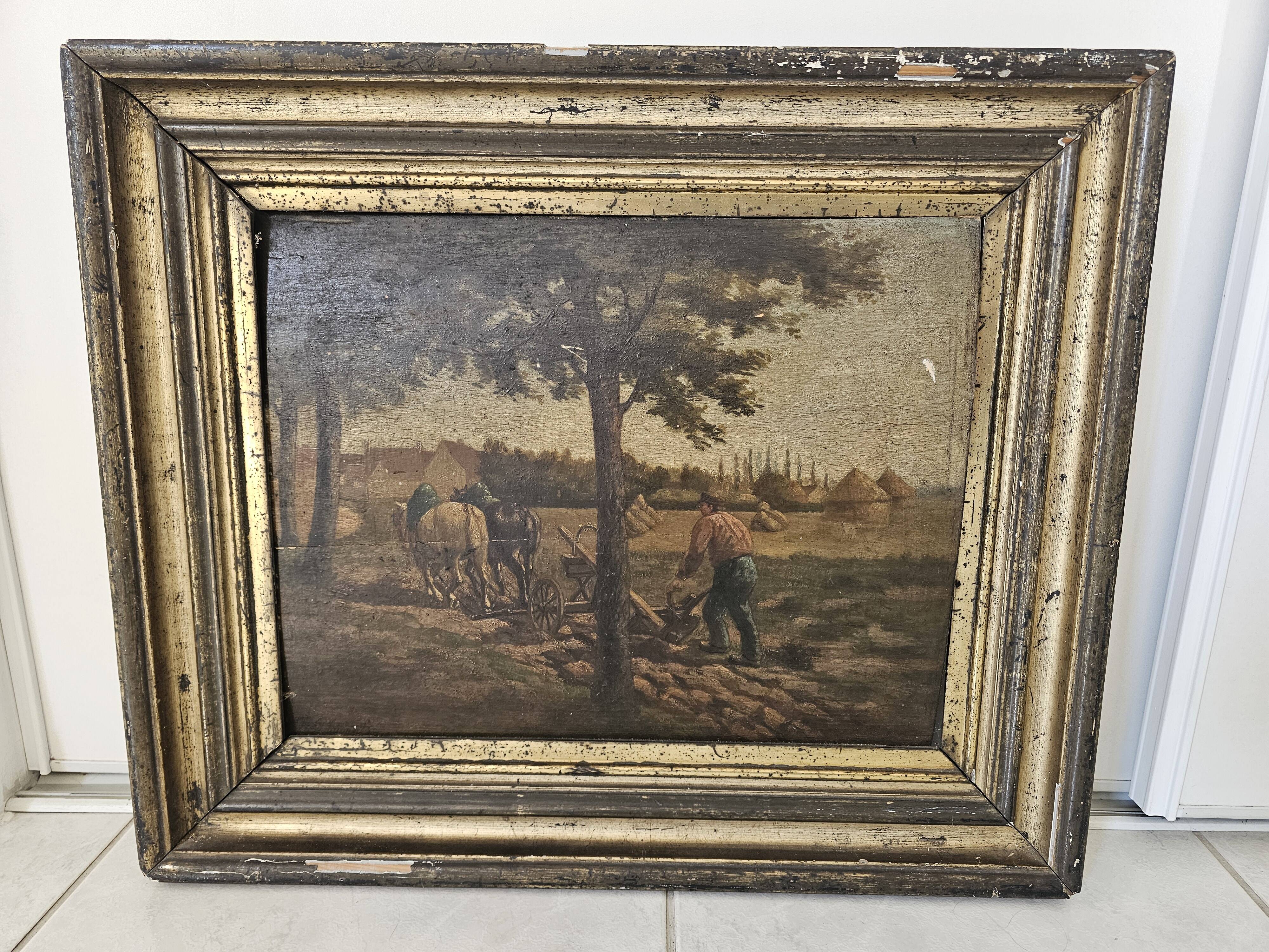 Oil painting panel - Countryside landscape Ploughing scene Signed Plaisant XI