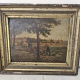 Oil painting panel - Countryside landscape Ploughing scene Signed Plaisant XI