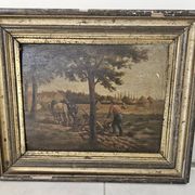 Tableau, huile panneau - Paysage champêtre, scène de labour, signé Plaisant, XIXème s.