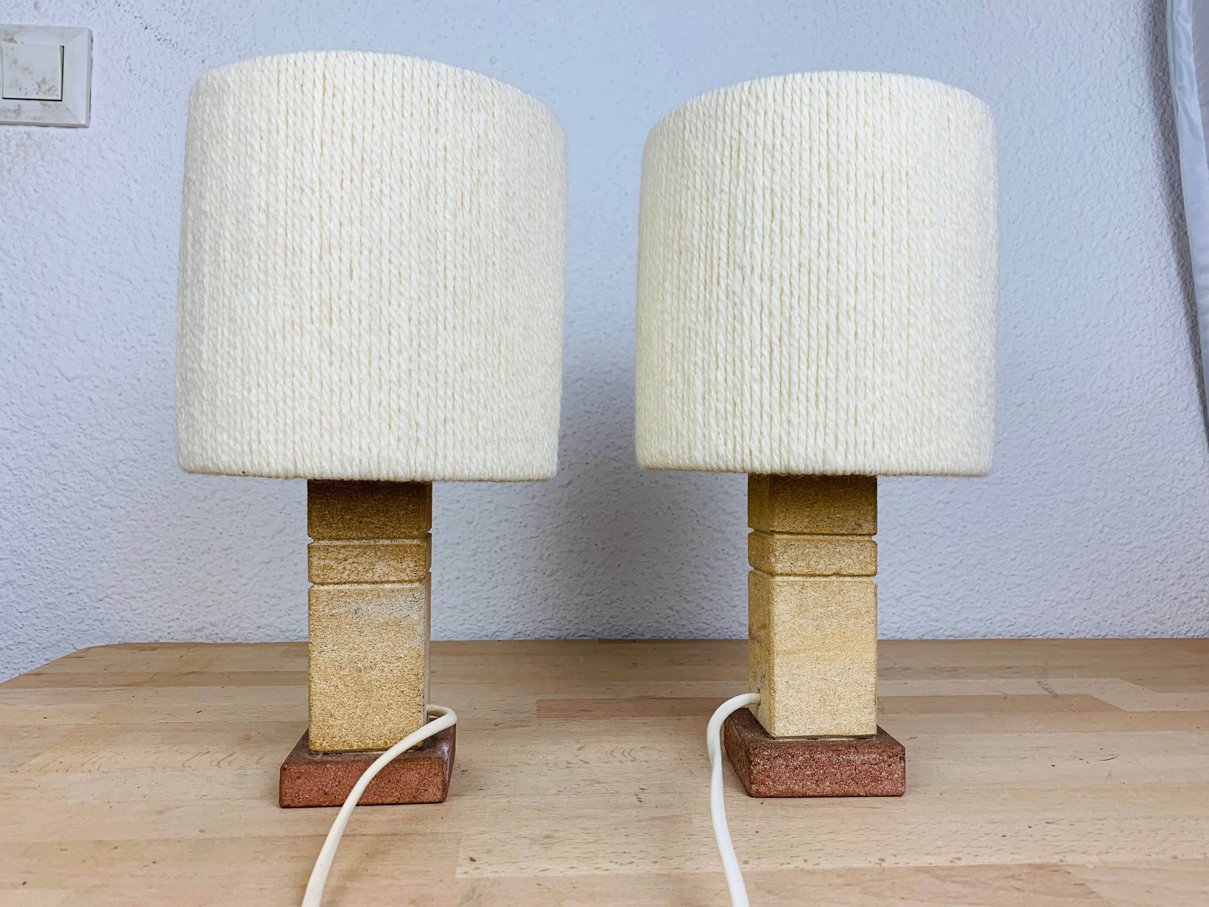 Pair of brutalist lamps pink sandstone and wool lampshade