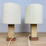 Pair of brutalist lamps pink sandstone and wool lampshade