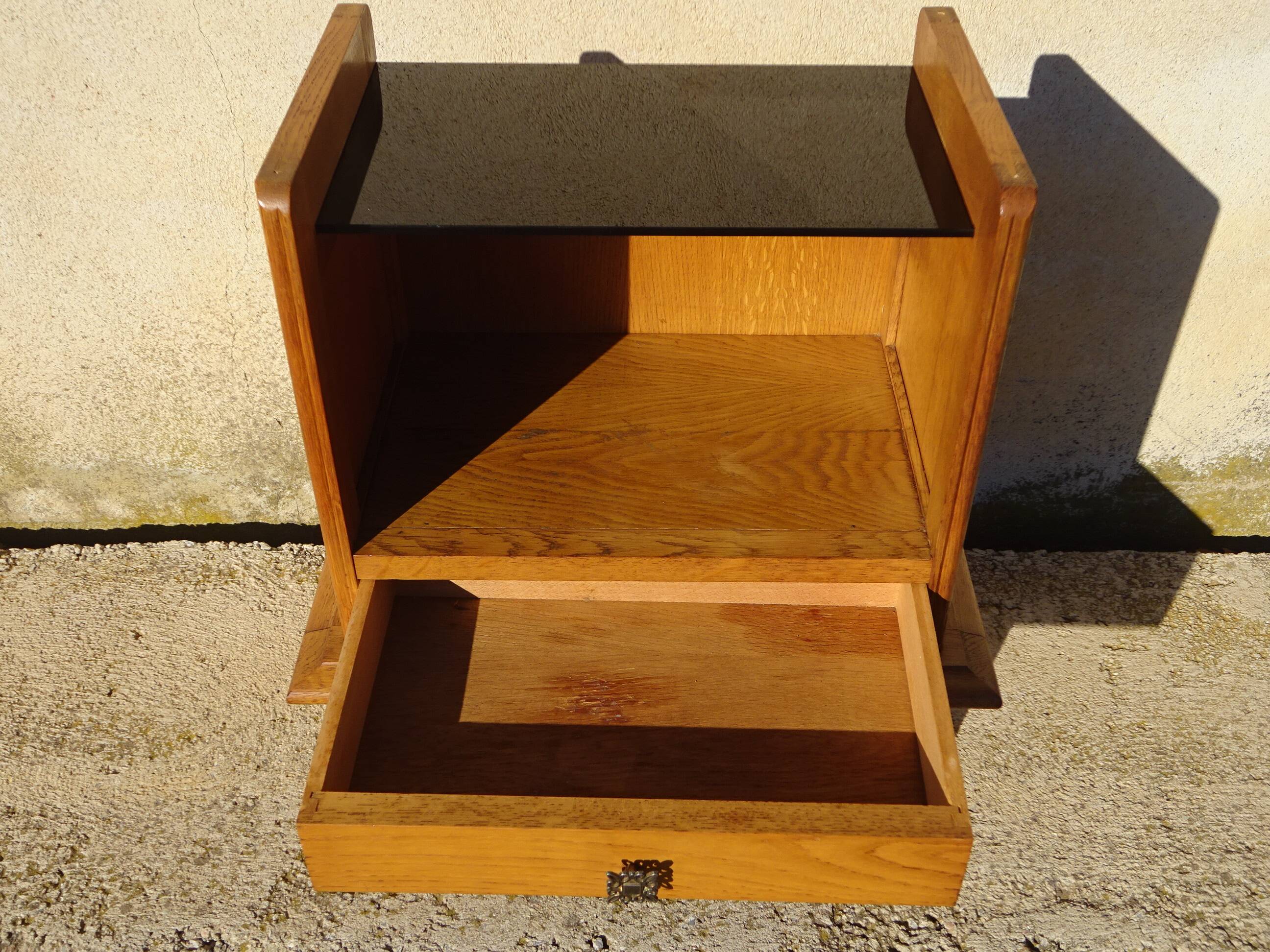Vintage oak bedside table with splayed legs