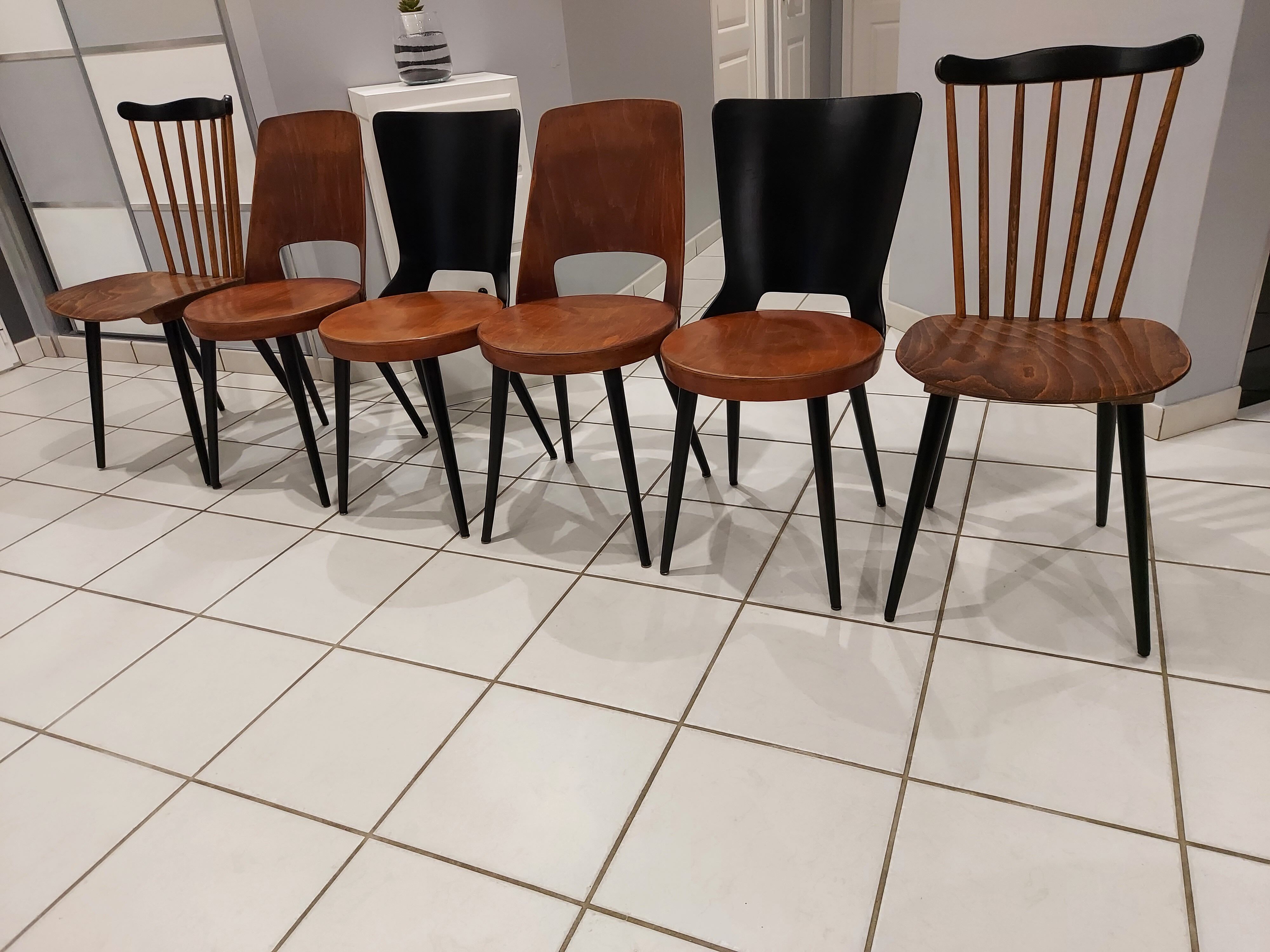 Suite of 6 chairs of Bistrot Baumann mismatched Mondor,Dove,Minuet