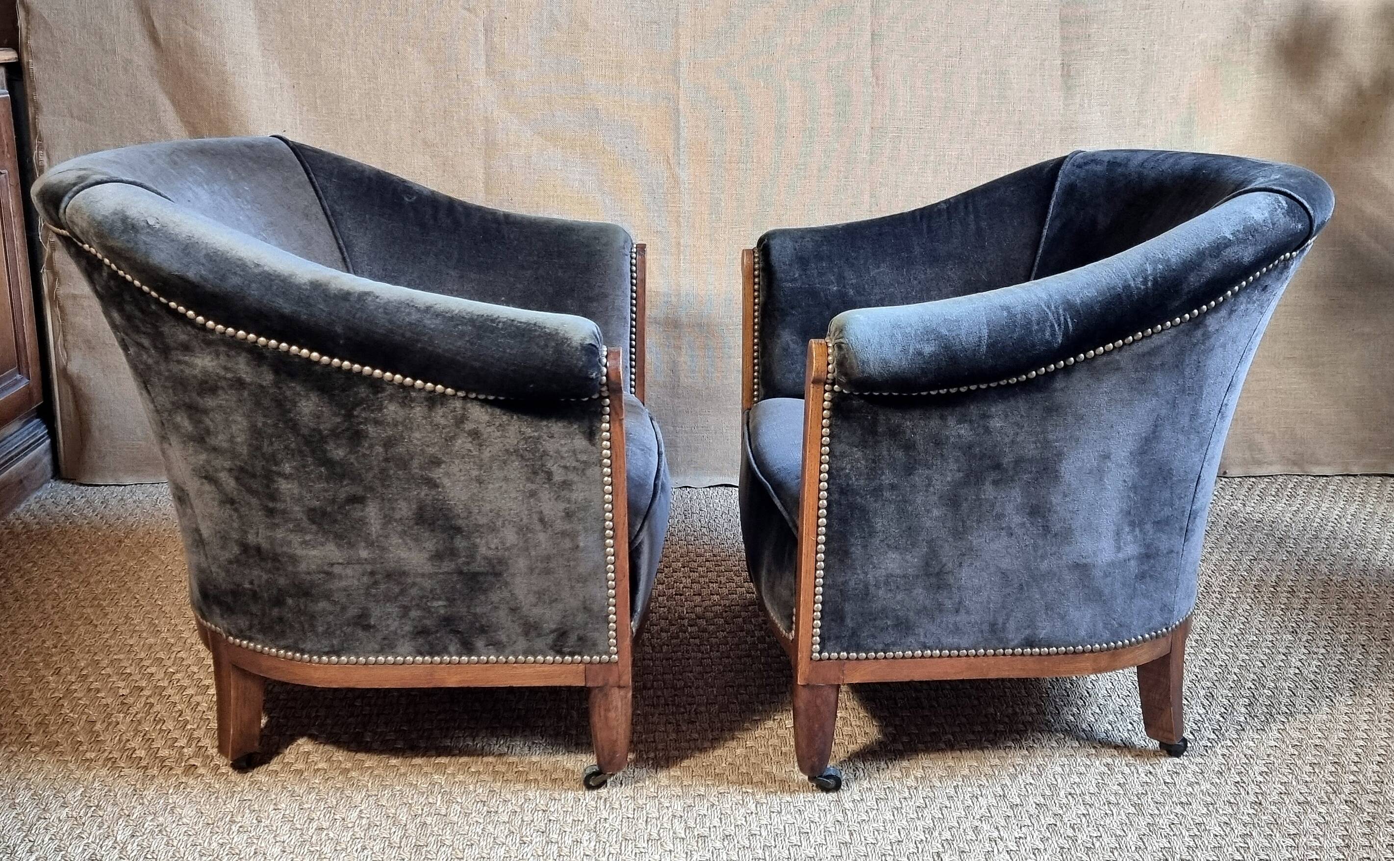 Pair of club armchairs called Monaco, studded velvet, art deco
