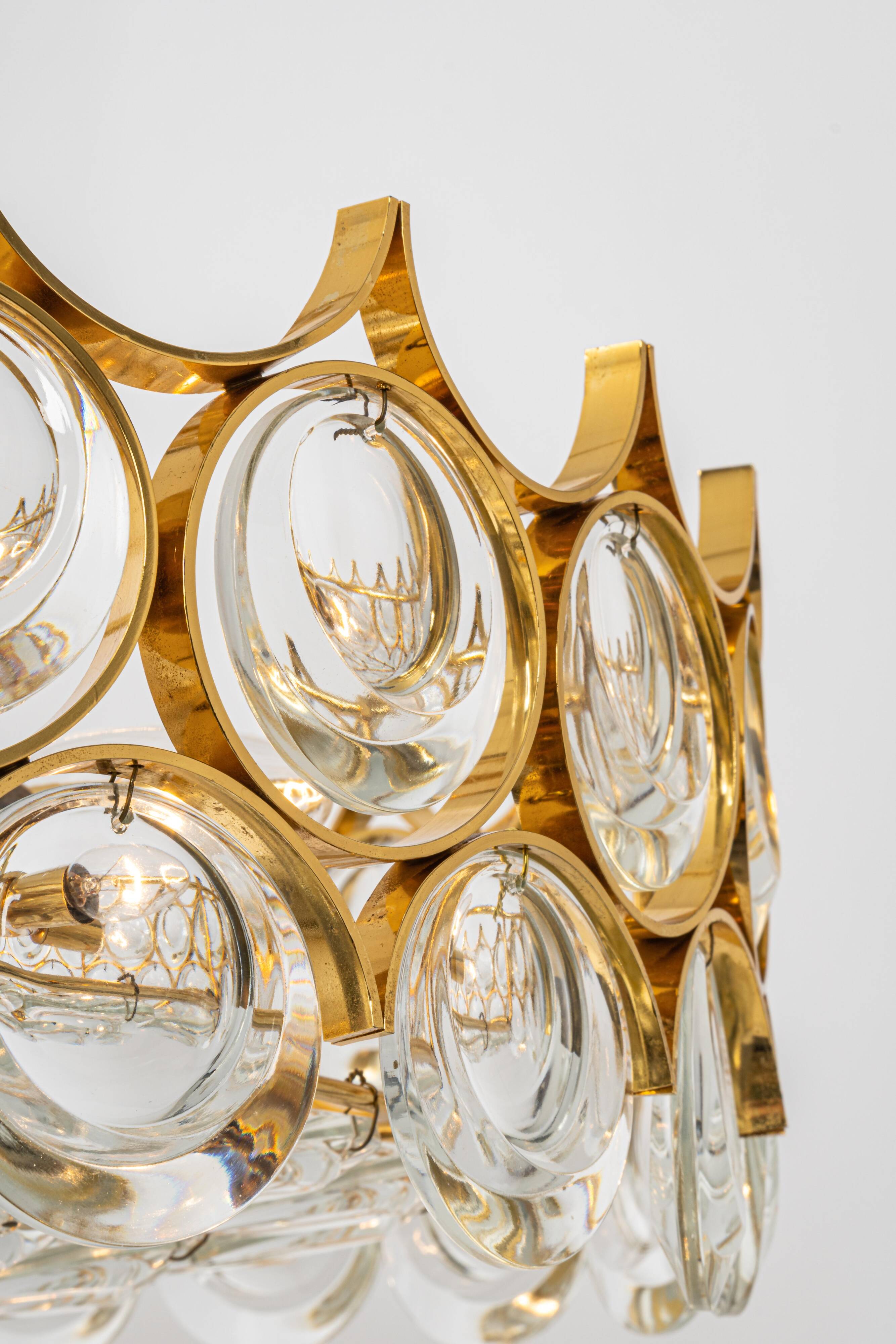 Brass and crystal chandelier designed by Sciolari for Palwa, Germany, 1970s.