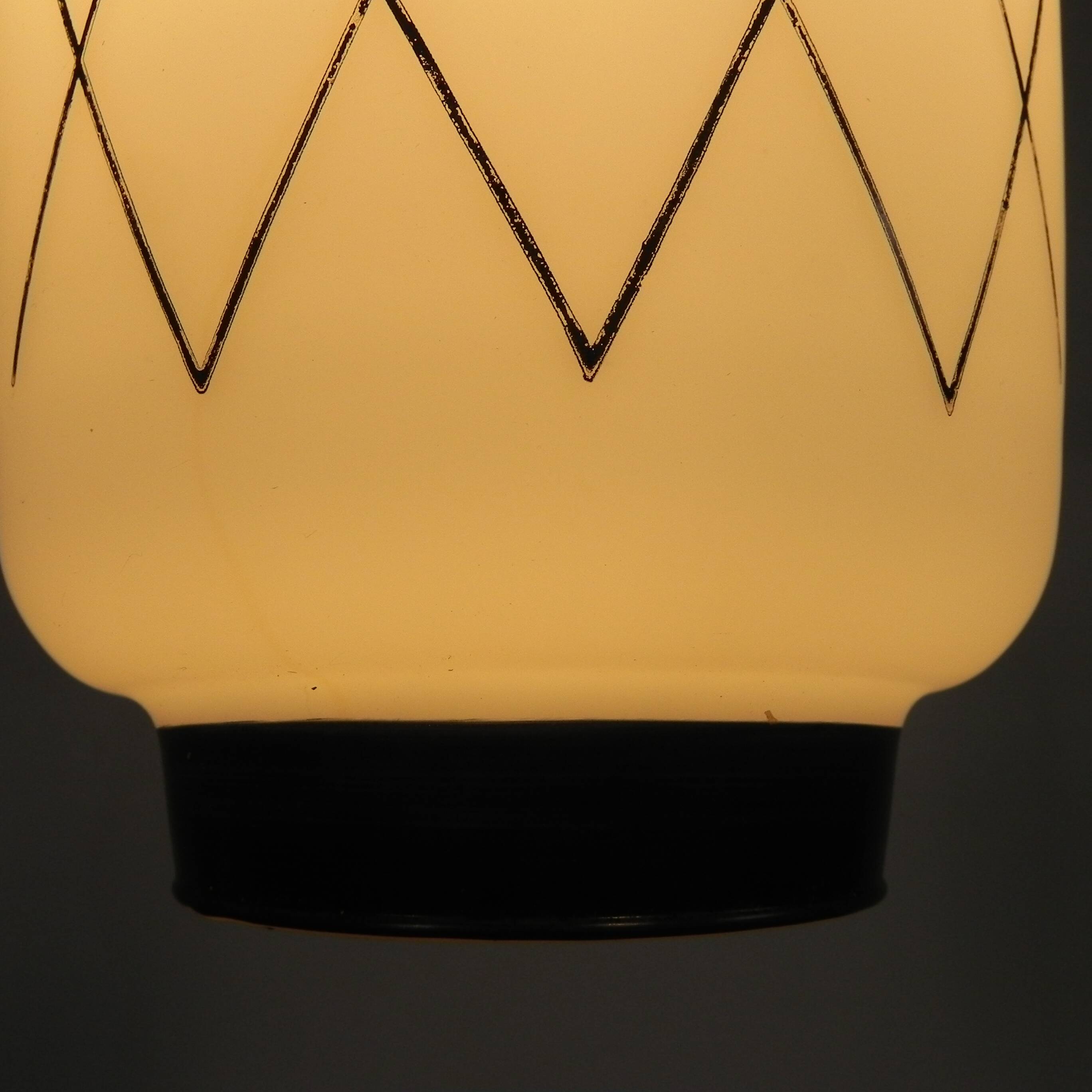 Vintage suspension with opaline lampshade and black decoration, 1950s.