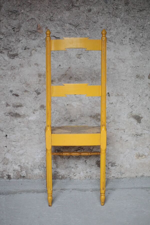 Chaise bois ancienne, chaise bois peinte jaune,chaise assise tressage osier
