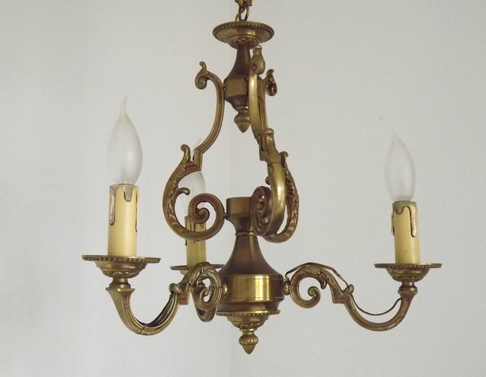 French Vintage Bronze Art Nouveau Style 3-Light 3-Sided Cage Chandelier