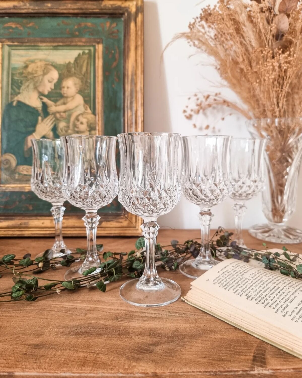 6 diamond-point stemmed glasses, Arques crystal, Longchamp