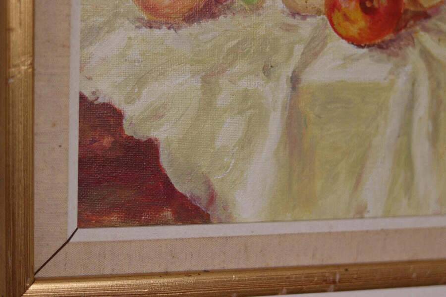 Original Swedish oil on canvas – “Still Life with Fruit and Bottle” by A.K. – vintage & framed – 40 × 48 cm (15.7" × 18.9")