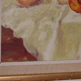 Original Swedish oil on canvas – “Still Life with Fruit and Bottle” by A.K. – vintage & framed – 40 × 48 cm (15.7" × 18.9")