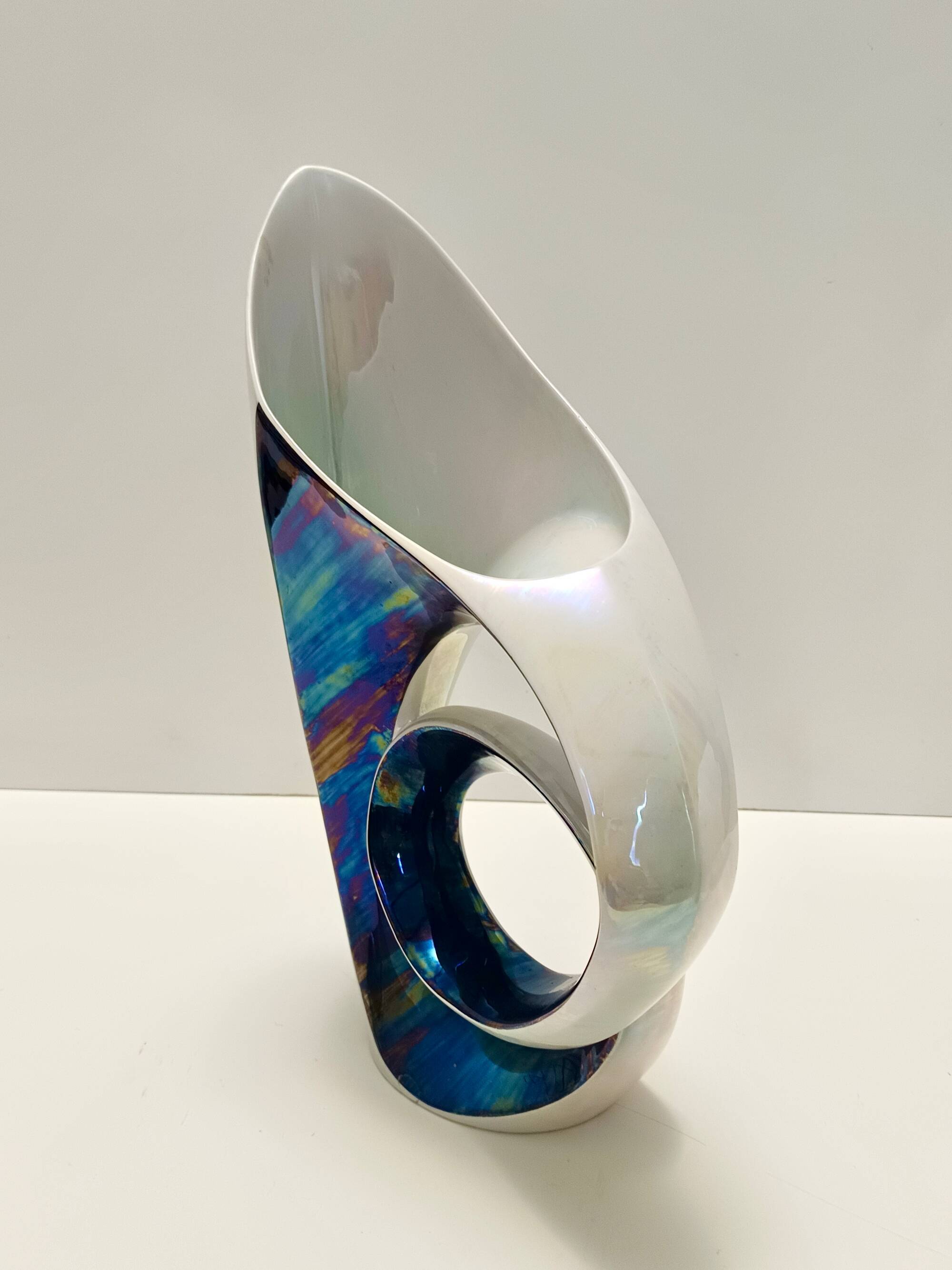 White and Iridescent Blue Ceramic Vase / Centerpiece by Lusso, Italy