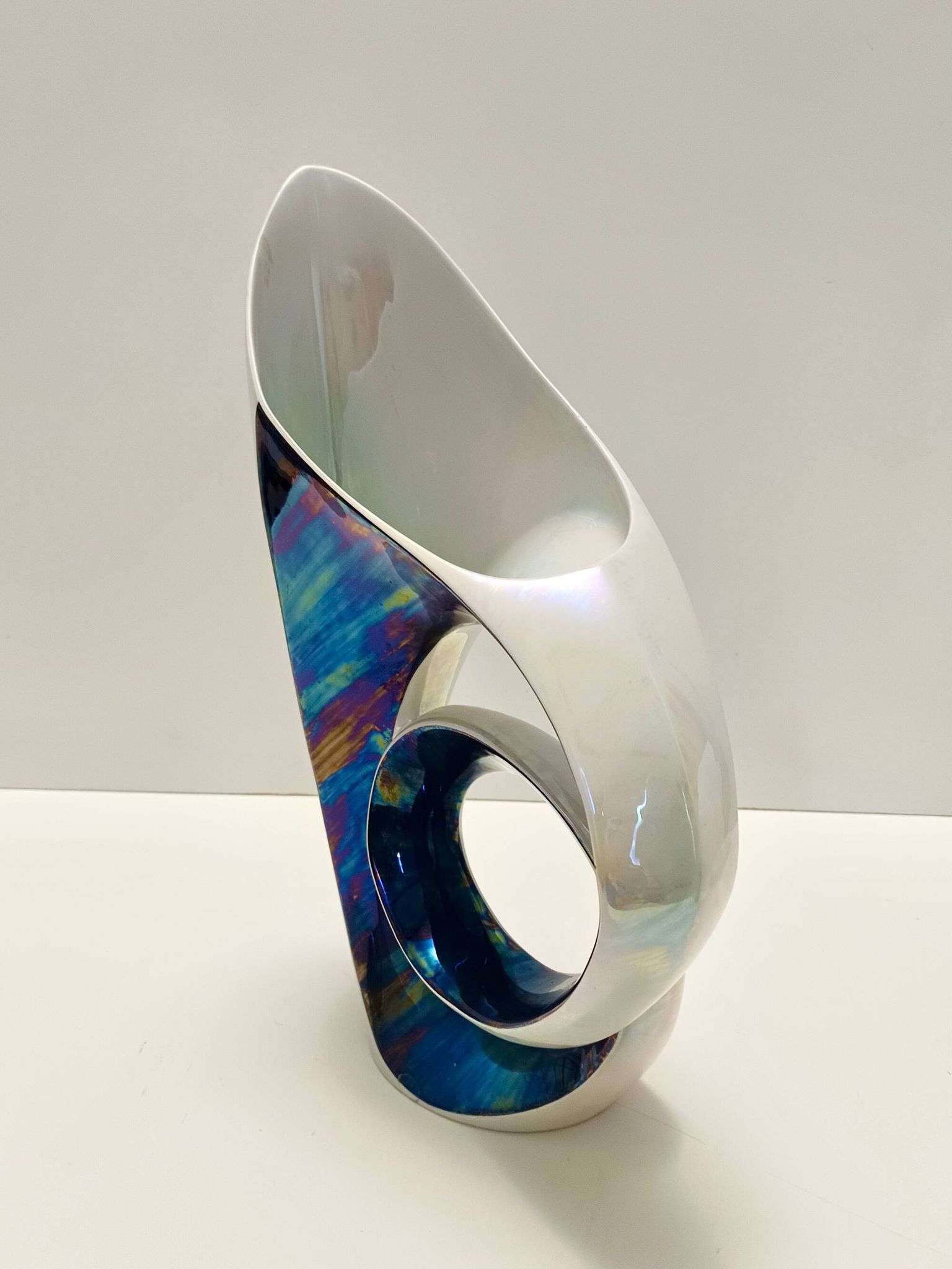 White and Iridescent Blue Ceramic Vase / Centerpiece by Lusso, Italy