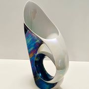 White and Iridescent Blue Ceramic Vase / Centerpiece by Lusso, Italy