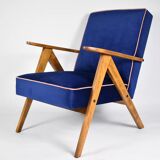 Fauteuil vintage B310 VAR "Compas", Pologne, super restauré, années 1960, velours bleu et rose.