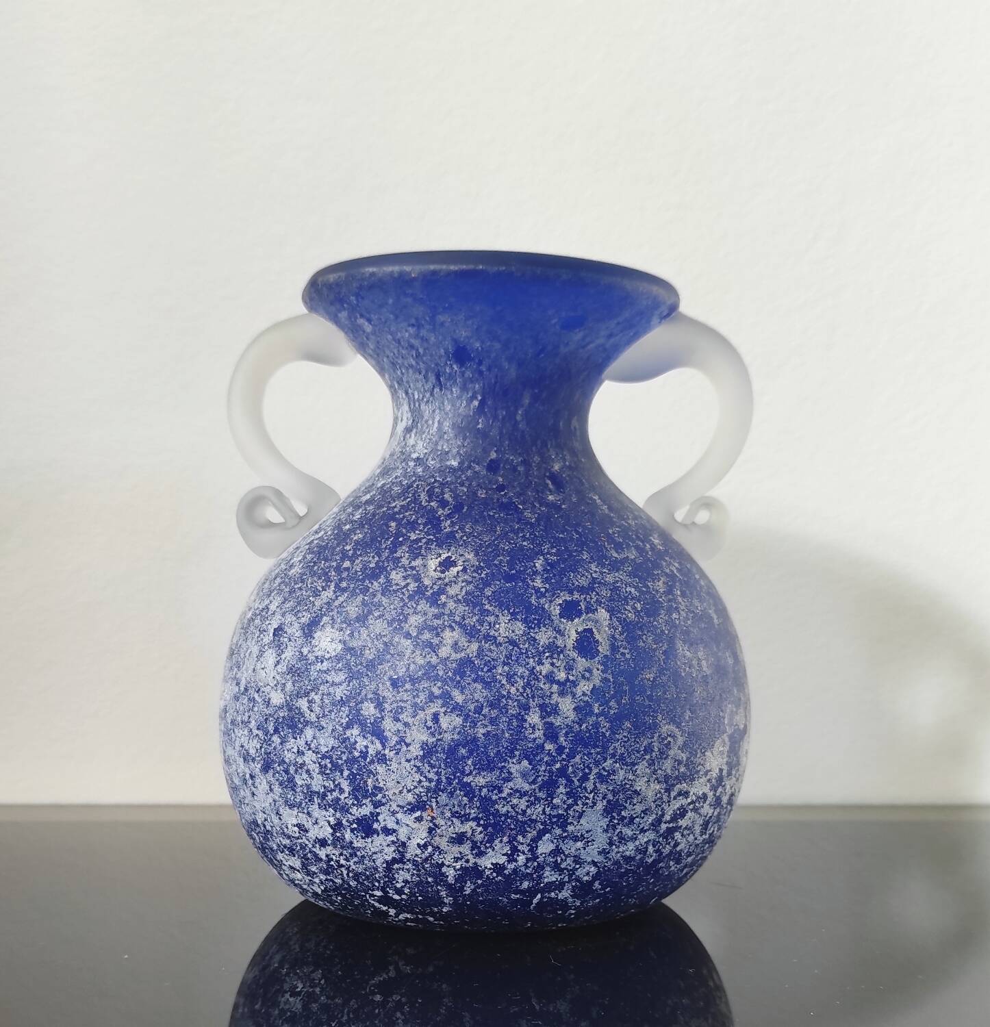 Vintage cobalt blue powdered glass amphora vase